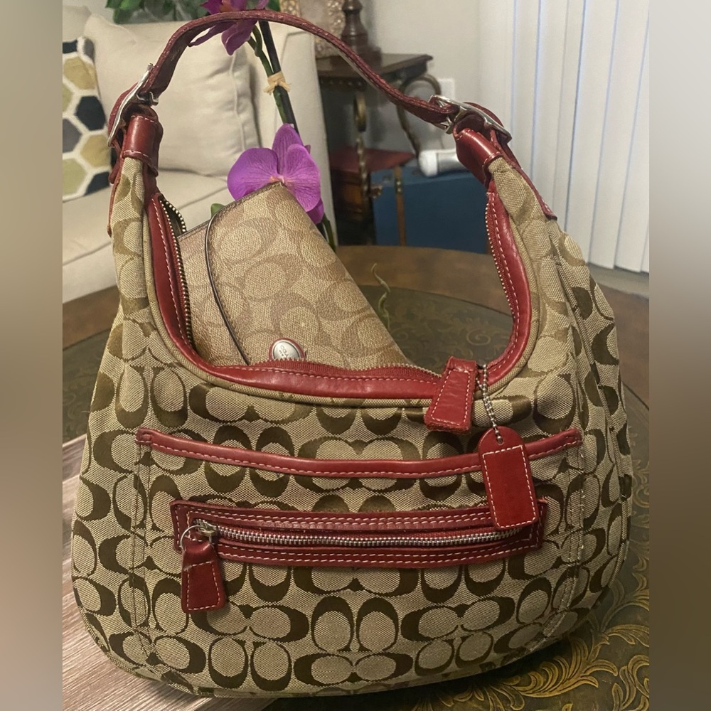 Coach Tan Signature Canvas Hobo with Red Leather Trim
